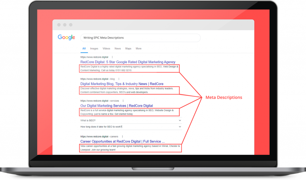 A laptop showcasing a selection of meta descriptions on search engine results pages